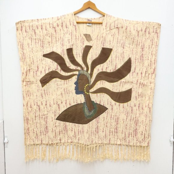 VTG The African Star Dress Top Tunic Mumu Pullover Fringe One Size Cotton V-neck - Picture 1 of 8